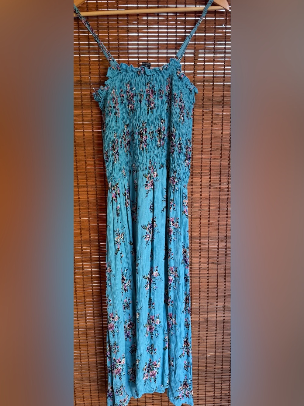 Vintage Angie Turquoise Floral Smocked Cottagecore Midi Dress M - Picture 7 of 9